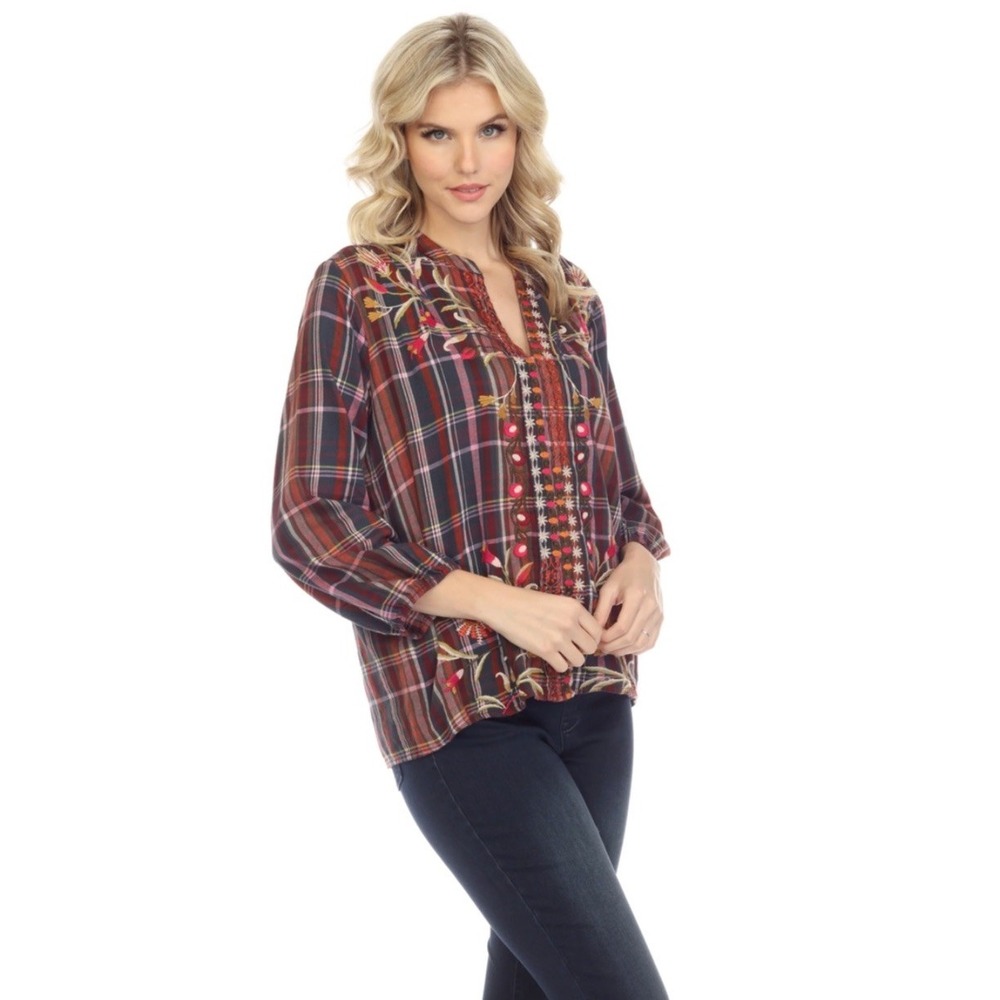 Johnny Was Top Rosalva Paris Blouse Plaid Embroidered Workshop Boho Women's XS - Picture 4 of 13